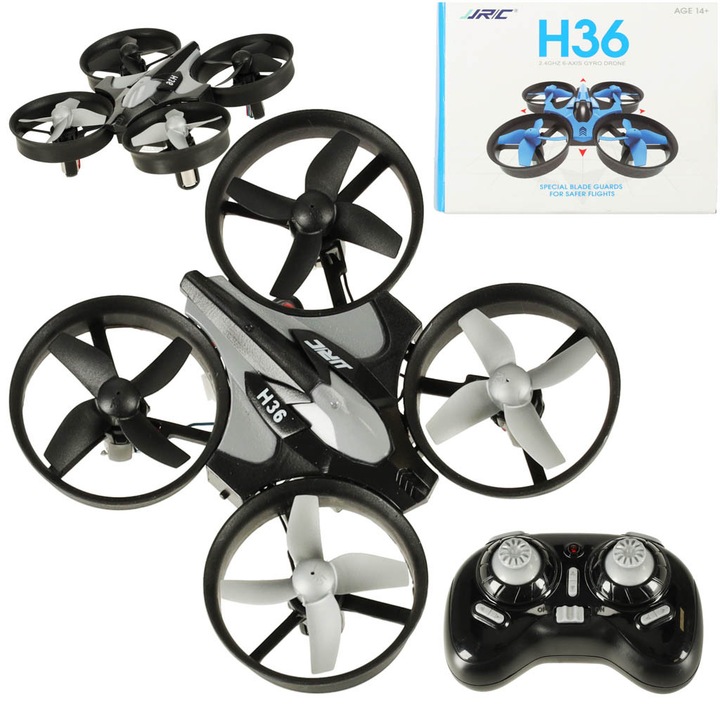 Drona RC JJRC H36, 2,4GHz, 360°-os forgatás, LED, 8x8x2,5cm, teljes készlet