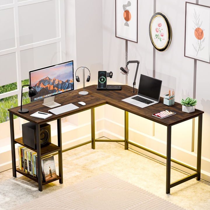 Birou de Colt Doctor Shield Arena, Maro Rustic, 138x138x75 CM, Montaj Reversibil, Suprafata Rezistenta la Apa