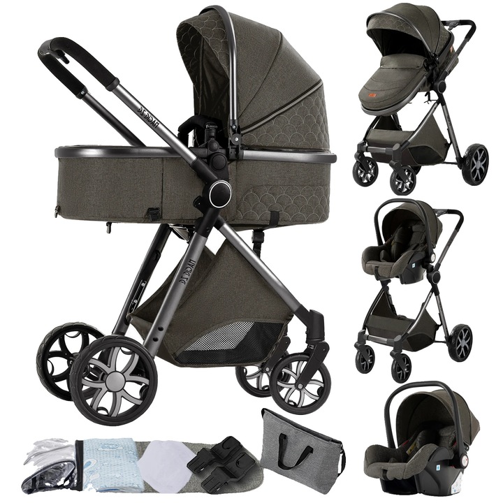 Carucior copii 3-in-1, design versatil, gri inchis, dimensiuni compacte