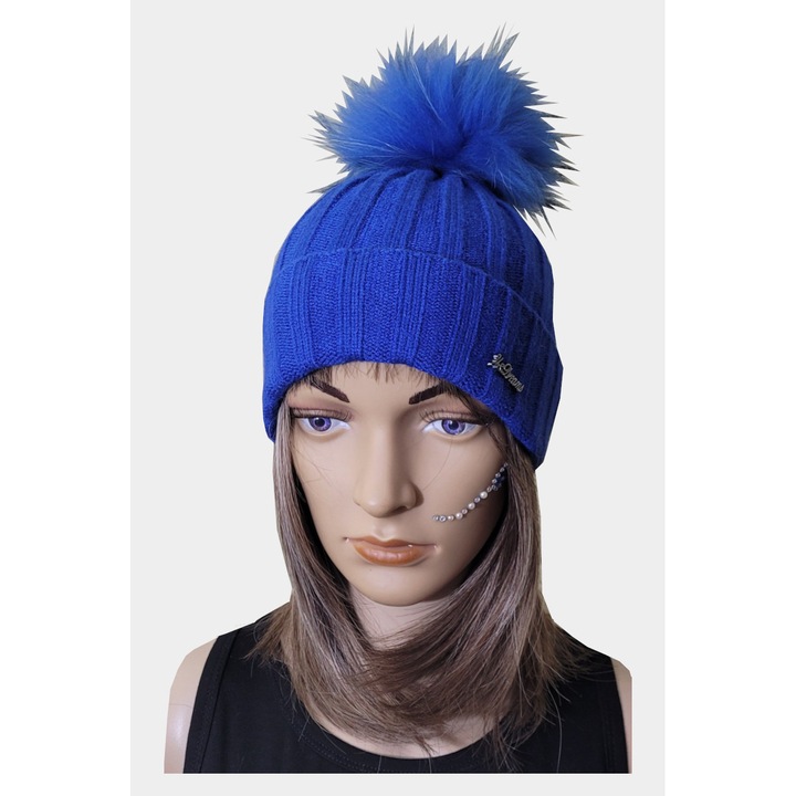 Caciula Fata PomPom YD16-132, Albastru Royal, din vascoza, cu logo discret