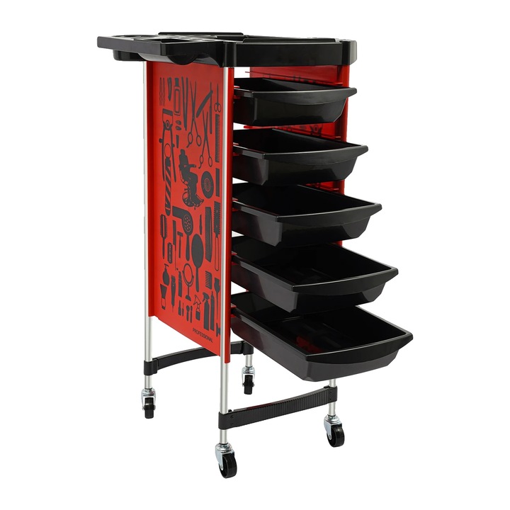 Fodrász gurulós kocsi, 5 fiókos, összecsukható tetővel, piros, 36x90cm