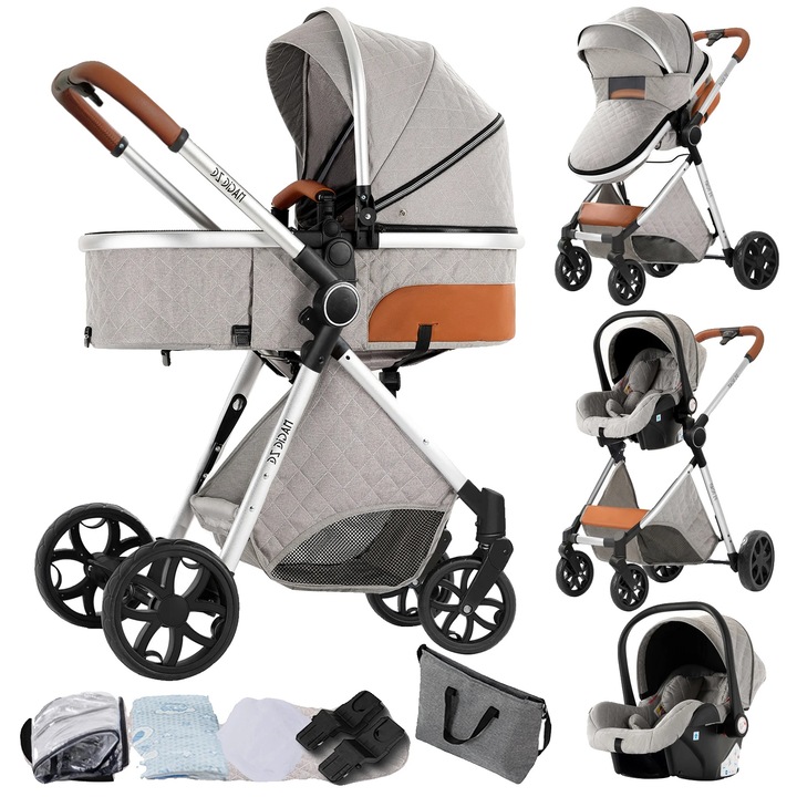 Carucior copii 3-in-1, design versatil, gri deschis, 0-36 luni, material bumbac