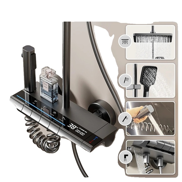 Set de dus, inaltime ajustabila, 4 tipuri de iesire a apei, gri