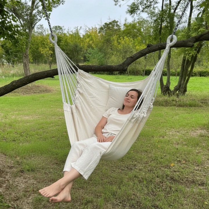 Hamac Suspendat cu Perna, Carlig Metalic si Punga de Depozitare pentru Sfori, Realizat din Material Rezistent, pentru Gradina, Terasa sau Balcon, Usor de Montat si Transportat, Alb, PriStyle®