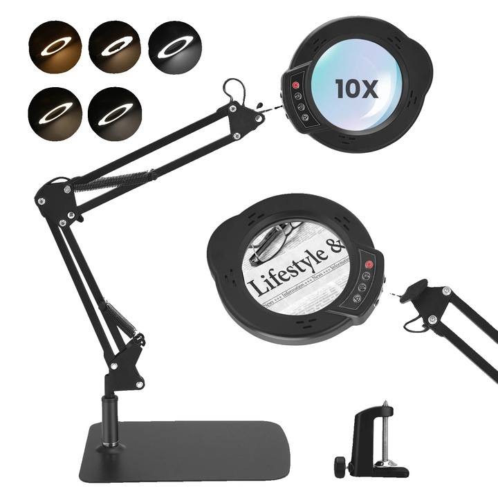 LED-es nagyító, 10X, állítható, fekete, 11cm átmérő