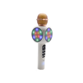 Microfon karaoke Disco LED, fara fir Wster, cu Radio si Recorder, wireless sistem, profesional cu boxe si Bluetooth 4.1 M1, Alb si Rose Microfon karaoke Disco LED, fara fir Wster, cu Radio si Recorder, wireless sistem, profesional cu boxe si Bluetooth 4.1 M1, Alb si Rose