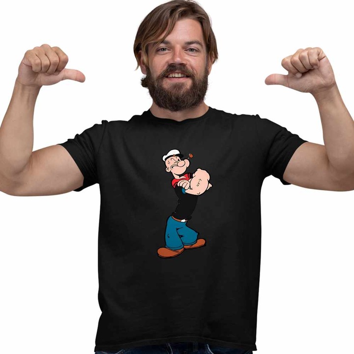 Tricou Barbati Popeye Marinarul Looney Cartoon Pescar, CoolTrend, negru, marime XL