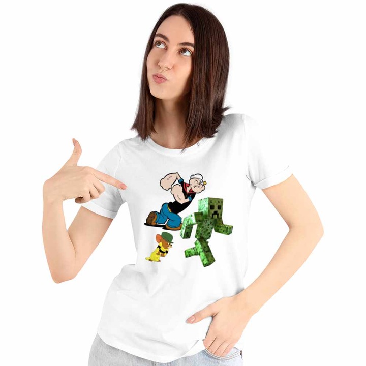 Tricou Femei Popeye Marinarul Tom Jerry Creeper Minecraft, CoolTrend, alb, marime S