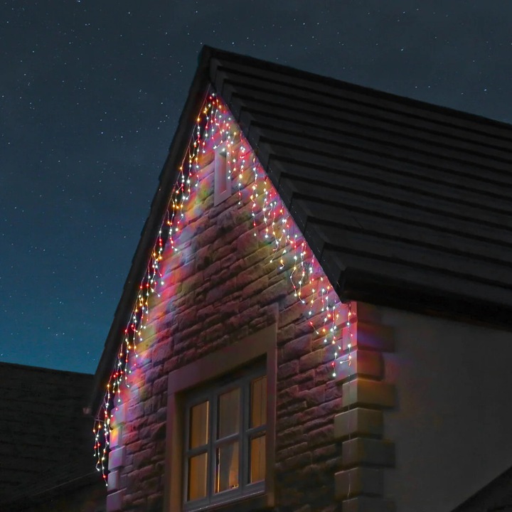 Коледна инсталация Vivendo® 13м, тип висулки с неравномерни ресни, 300 LED-а, празнична украса, за вътрешна/външна употреба, 220V, многоцветна