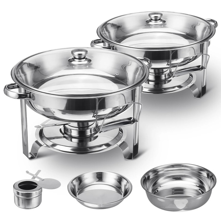 Нагревател за бюфет 2 броя, комплект chafing dish 4L, неръждаема стомана, водна баня, с капак, за кетъринг, сребрист