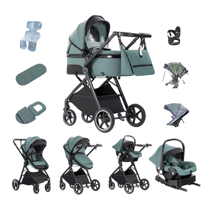 Многофункционална количка, V8, синьо-зелена, с ISOFIX база, компактен дизайн, лесна за сгъване