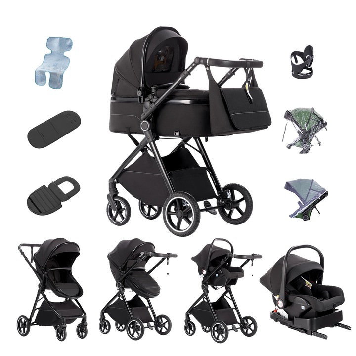 Carucior pentru copii, design pliabil, negru, cu ISOFIX BAS, capacitate de incarcare peste 20 kg