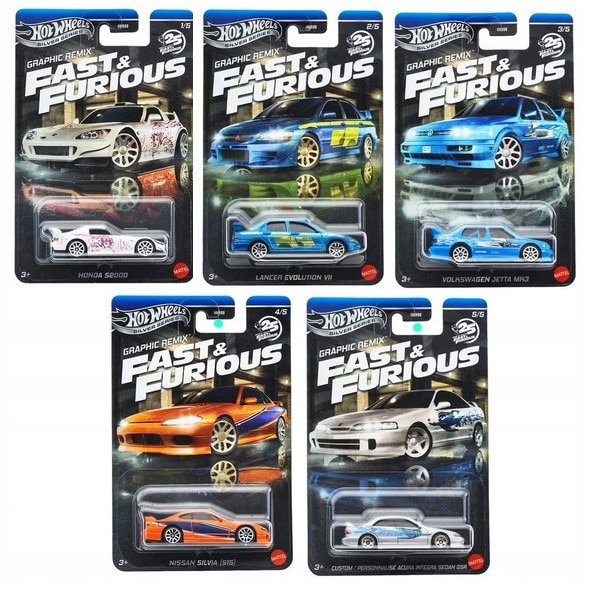 Set 5 masinute metalice Hot Wheels, Silver Series Fast & Furious