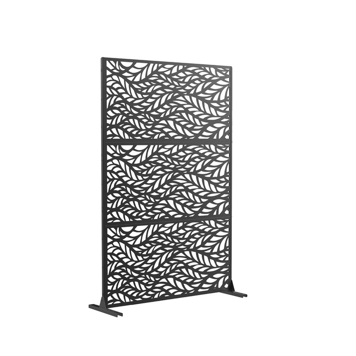 Ecran de confidentialitate, design independent, constructie metalica durabila, frunze negre