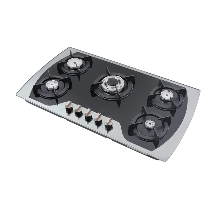 Plită electrică cu 5 arzătoare, panou din sticlă securizată, negru, 90x51x6cm