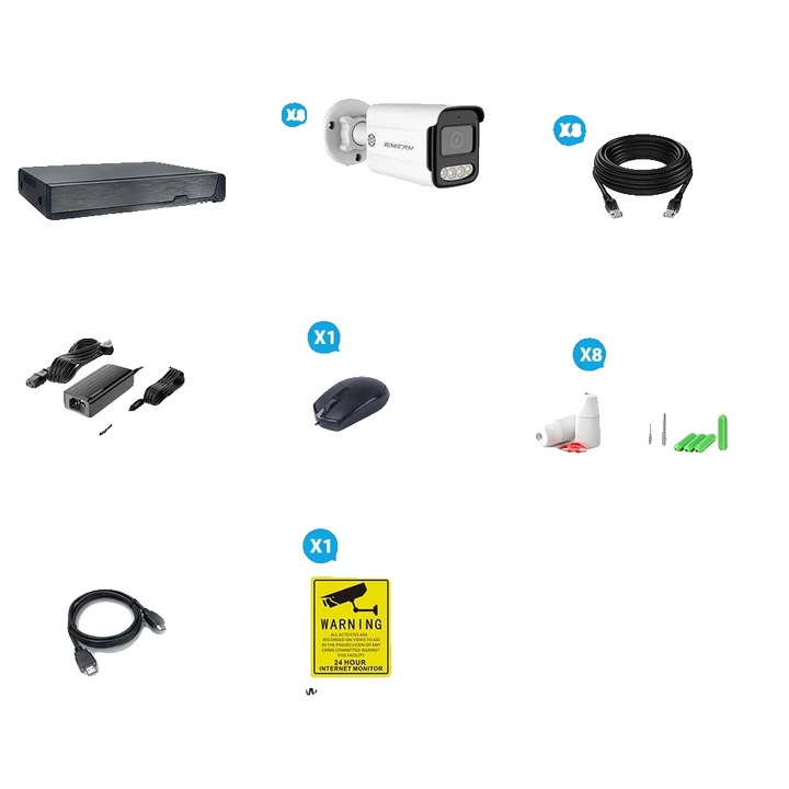 Kit Supraveghere, 8MP, 8CH, 4 camere, 1T, PoE, dimensiuni compacte