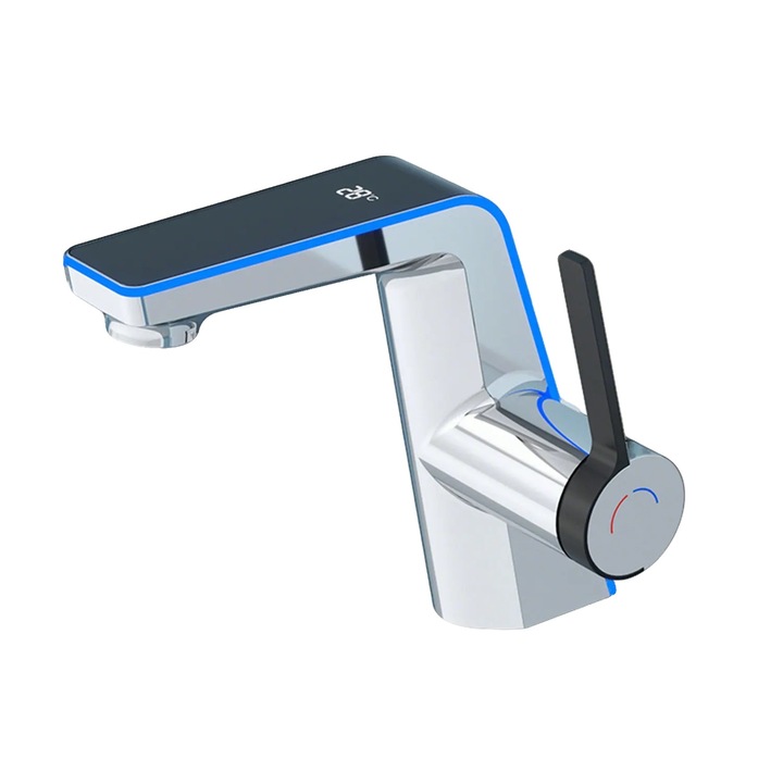 Csaptelep, LED hőmérséklet kijelző, 2 permetezési mód, ezüst, sárgaréz