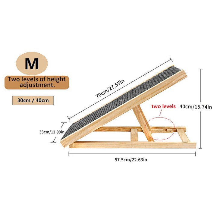 Rampa pentru animale, constructie din lemn masiv, inaltime ajustabila, 100x43cm, M