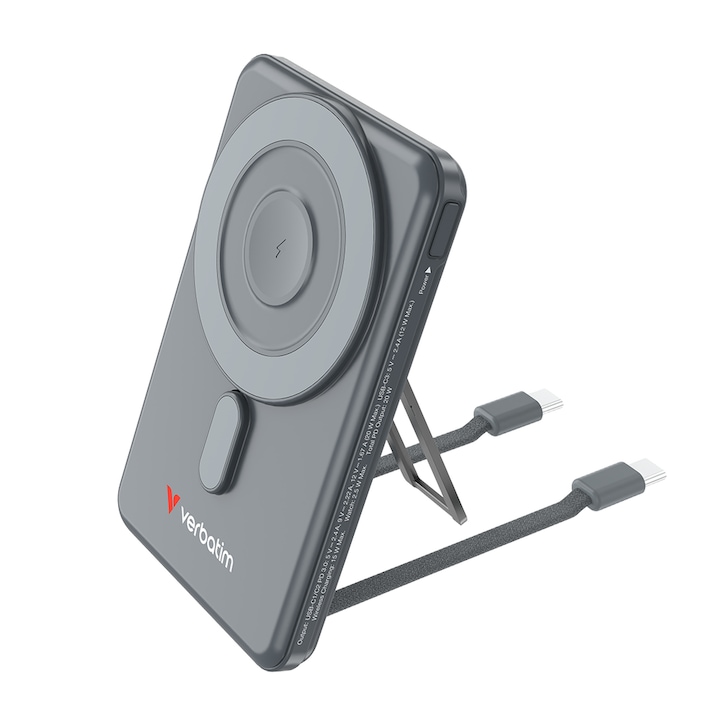 Acumulator extern Verbatim C'n'G Magnetic, 5.000mAh, 15 W, Incarcare Wireless, Stativ, 2 cabluri USB-C Gri