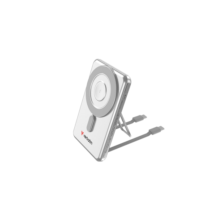 Acumulator extern Verbatim C'n'G Magnetic, 5.000mAh, 15 W, Incarcare Wireless, Stativ, 2 cabluri USB-C Argintiu