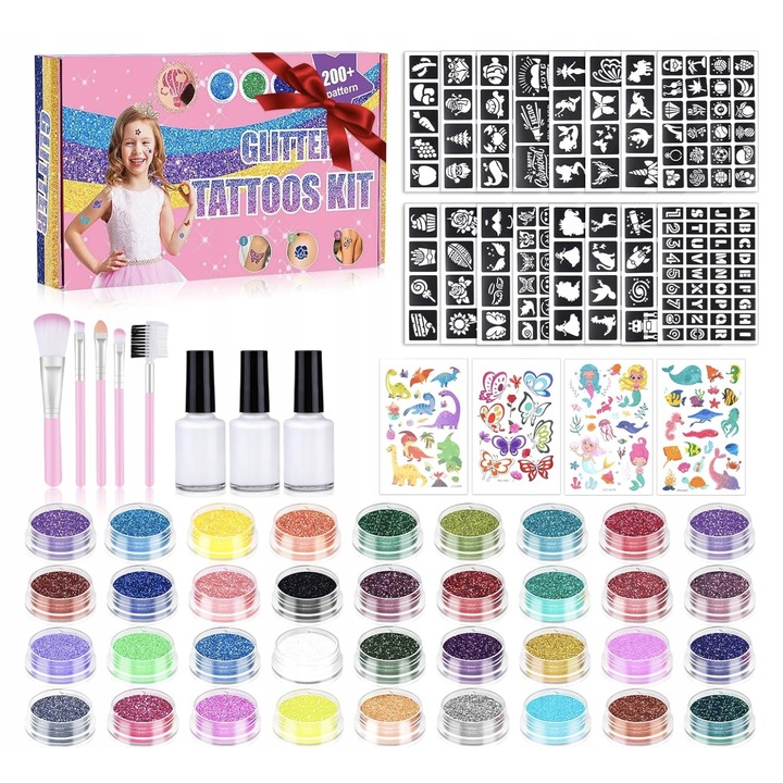 Set Tatuaje Temporare cu Glitter, 36 Culori, 220 Sabloane, pentru Copii