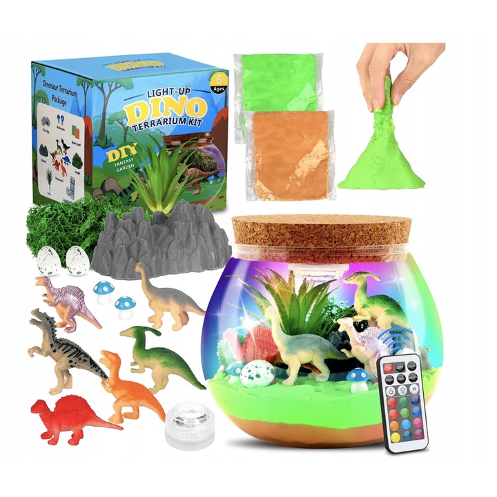 DIY Terrárium Dinoszaurusz készlet, 13 színű LED éjszakai lámpa, 14x14x14cm