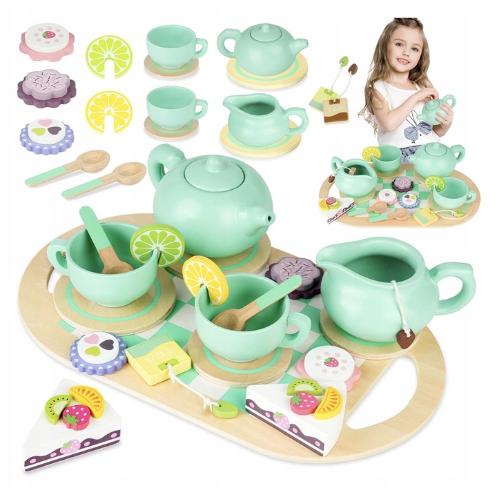 Set de Ceai pentru Copii 19 elemente, verde, jucarie educationala Montessori, 30x18x7cm