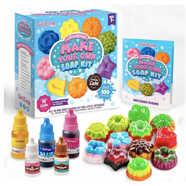 Set de Creare Sapun pentru Copii, GirlZone, 12 Forme, 100+ Elemente, Transparent, 27,7x27,5x10cm