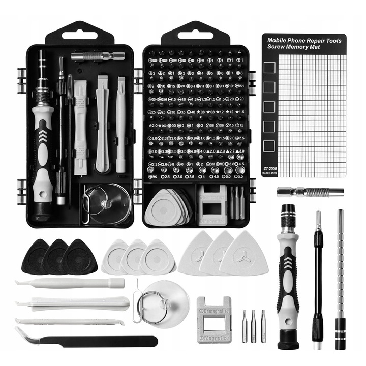Precíziós csavarhúzó készlet, 122 darab, 101 cserélhető fej, 21 szétszerelő szerszám, szürke, kompakt