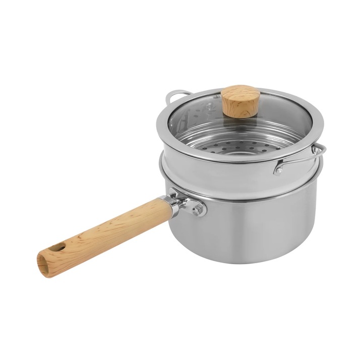 Oala pentru abur, Cratita cu cos pentru abur, 18 cm, 2, 1 L, inox, capac din sticla, negru