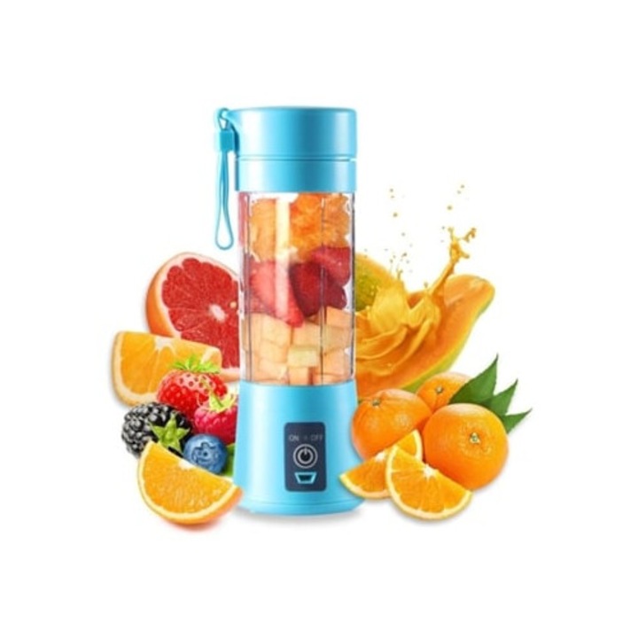 Storcator de fructe portabil cu cupa pentru milkshake, 6 lame, USB reincarcabil, albastru