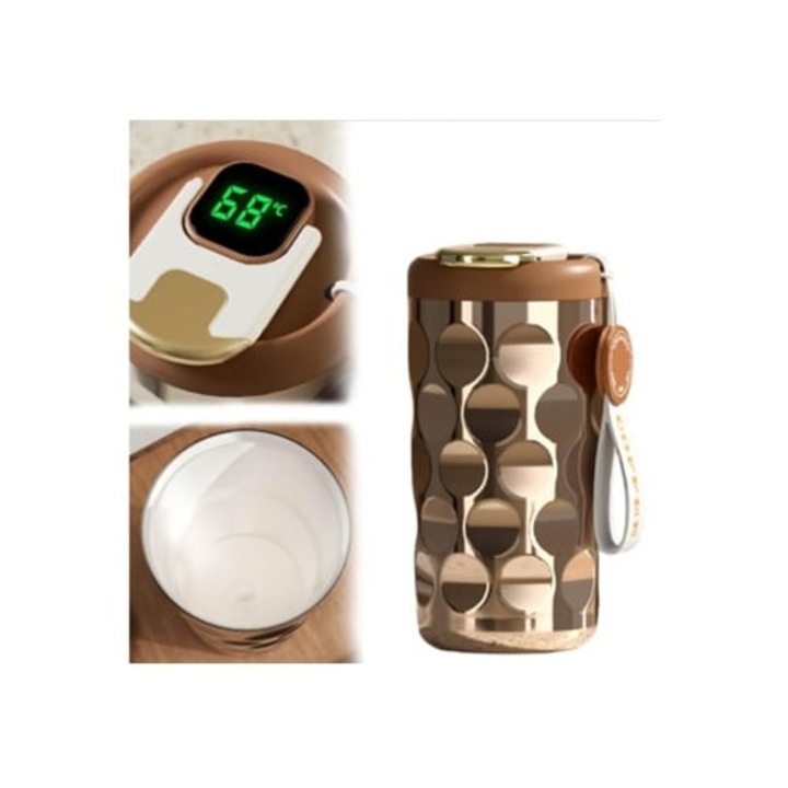 Termos de cafea inteligent, cana portabila cu afisaj de temperatura, aurie