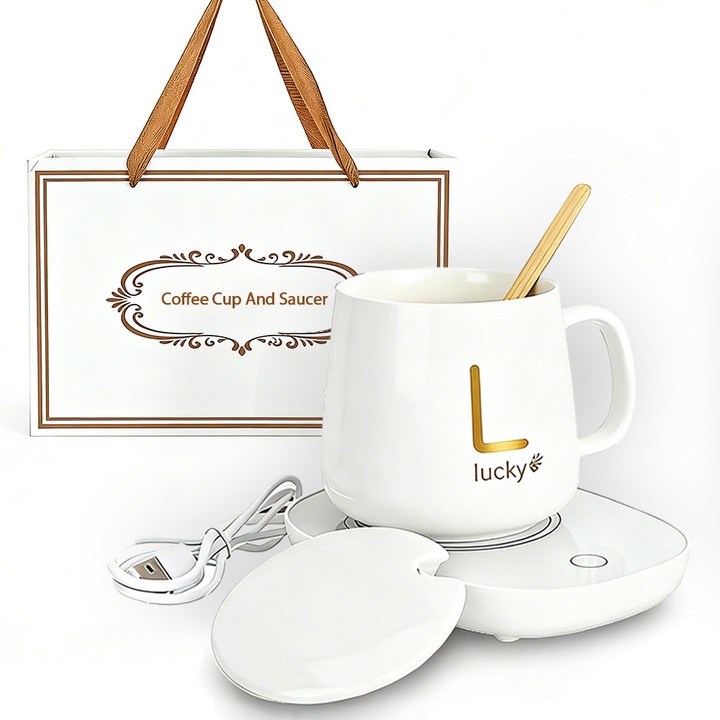 Set cadou cana ceramica cu baza incalzitor cu inductie, DONFANLIA, scris auriu Lucky, capac si lingurita, incarcare USB, 350ml, Alb