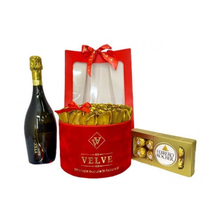 Pachet cadou Splendor, cu Vin spumant Bottega Millesimato 0, 75l, Praline Ferrero Rocher 100gr si aranjament floral cu 25 trandafiri de sapun in punga de cadou, Velve