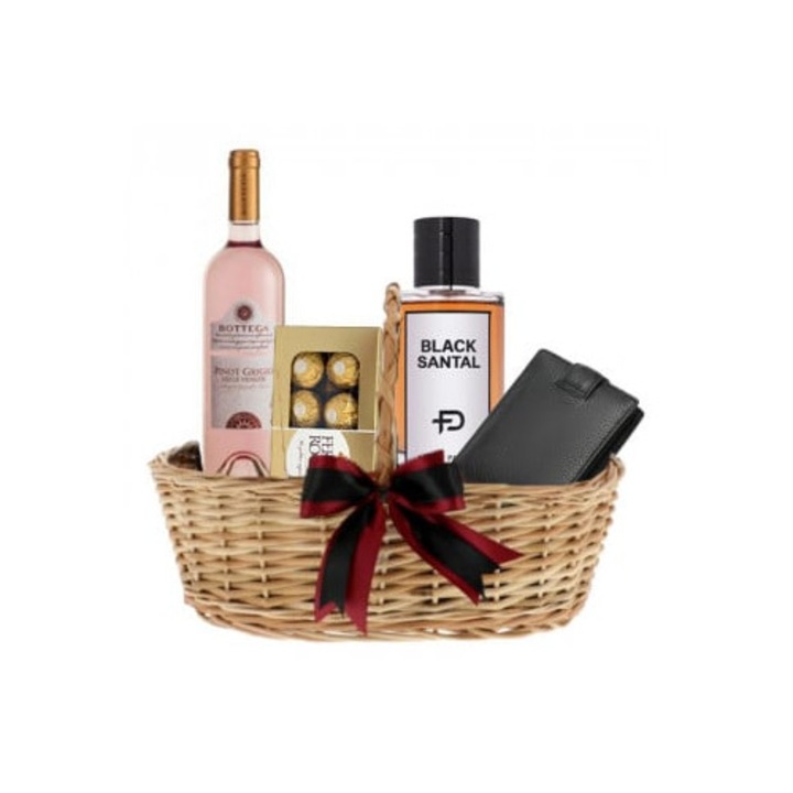 Cos Cadou Barbati, Apa de Parfum Wadi al Khaleej Black Santal, Bomboane Ferrero Rocher, Vin Bottega Pinot Grigio rose doc si Portofel din piele naturala, Velve