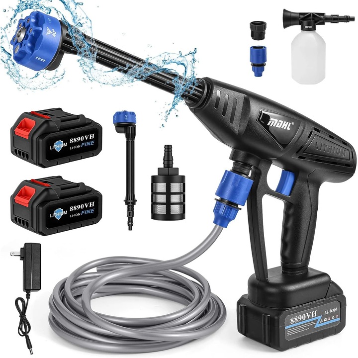 Spalator cu presiune fara fir, Pistol pulverizator, 26 bari, duza 6‑in‑1, 2 baterii, cu furtun, racord din cupru, maro