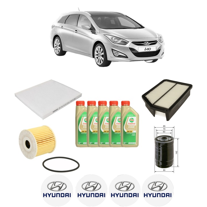Pachet filtre revizie Bosch, 5 litrii ulei Castrol 5W30 HYUNDAI i40 I CW (VF) 1.6 CRDi din 2018-2019, 4x Stickere auto cu HYUNDAI