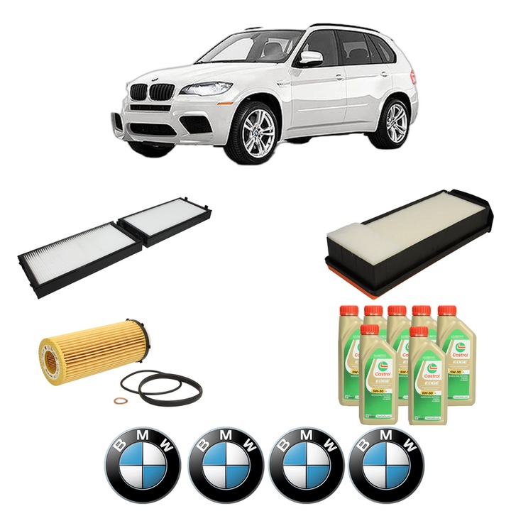 Pachet filtre revizie Bosch, 7 litrii ulei Castrol 5W30 BMW Seria X5 (E70) xDrive 40 d din 2010-2013, 4x Stickere auto cu BMW
