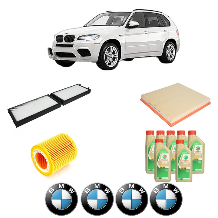 Pachet filtre revizie Bosch, 7 litrii ulei Castrol 5W30 BMW Seria X5 (E70) xDrive 40 i din 2012-2013, 4x Stickere auto cu BMW