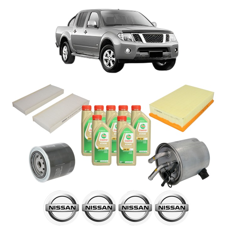 Pachet filtre revizie Bosch, 7 litrii ulei Castrol 5W30 NISSAN NAVARA NP300 (D40) 2.5 dCi 4WD din 2005, 4x Stickere auto cu NISSAN