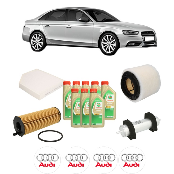 Pachet filtre revizie Bosch, 8 litrii ulei Castrol 5W30 AUDI A4 B8 (8K2) 3.0 TDI quattro din 2007-2012, 4x Stickere auto cu AUDI