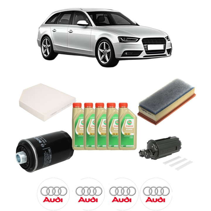 Pachet filtre revizie Bosch, 5 litrii ulei Castrol 5W30 AUDI A4 B8 Avant (8K5) 1.8 TFSI din 2008-2015, 4x Stickere auto cu AUDI