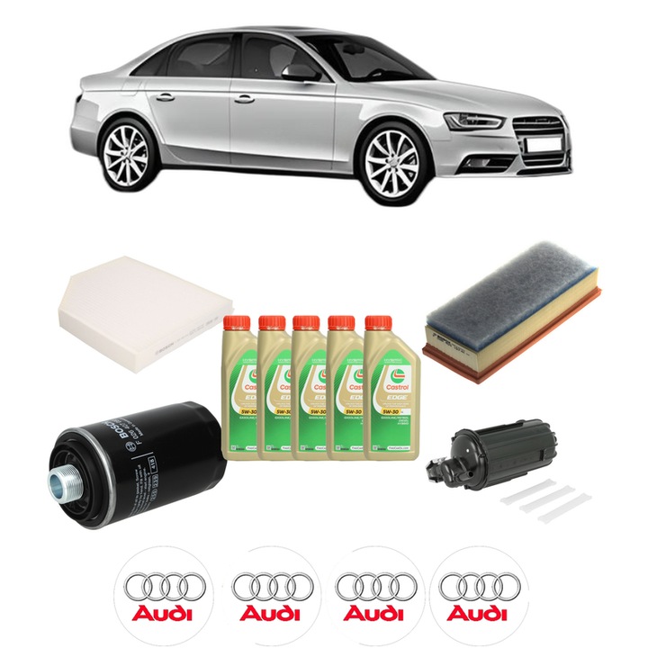 Pachet filtre revizie Bosch, 5 litrii ulei Castrol 5W30 AUDI A4 B8 (8K2) 2.0 TFSI quattro din 2008-2015, 4x Stickere auto cu AUDI