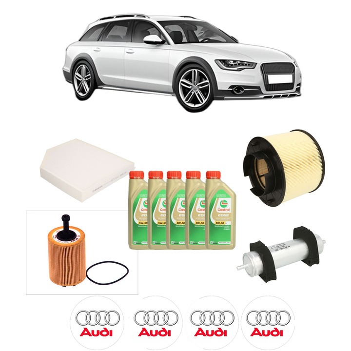 Pachet filtre revizie Bosch, 5 litrii ulei Castrol 5W30 AUDI A4 Allroad B8 (8KH) 2.0 TDI quattro din 2009-2016, 4x Stickere auto cu AUDI