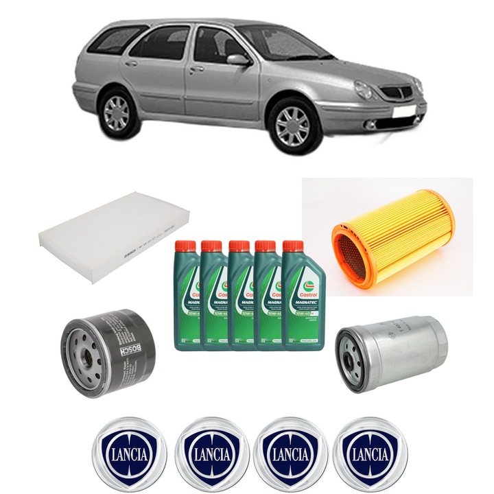 Pachet filtre revizie Bosch, 5 litrii ulei Castrol 10W40 LANCIA LYBRA SW (839_) 1.9 JTD (839BXI1A) din 2000-2001, 4x Stickere auto cu LANCIA