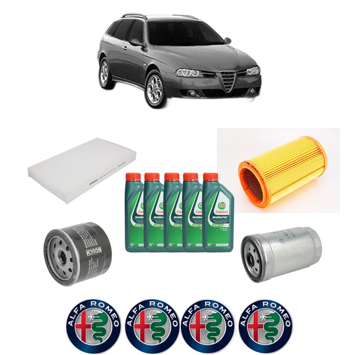 Pachet filtre revizie Bosch, 5 litrii ulei Castrol 10W40 ALFA ROMEO 156 Sportwagon (932_) 1.9 JTD (932.B2B00) din 2000-2001, 4x Stickere auto cu ALFA ROMEO