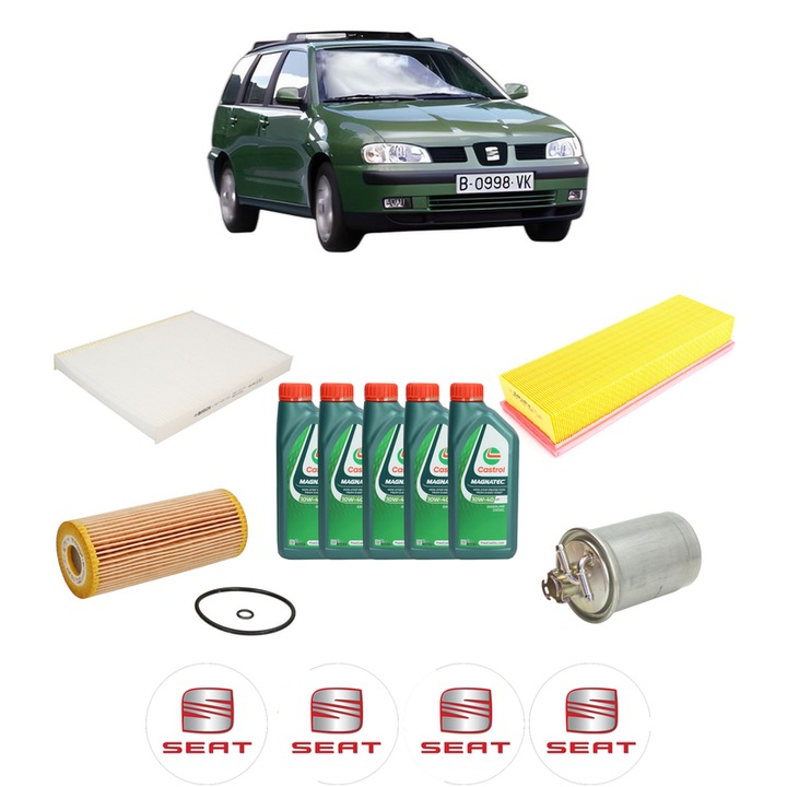 Pachet filtre revizie Bosch, 5 litrii ulei Castrol 10W40 SEAT CORDOBA VARIO Estate Van (6K5) 1.9 TDI din 2000-2002, 4x Stickere auto cu SEAT
