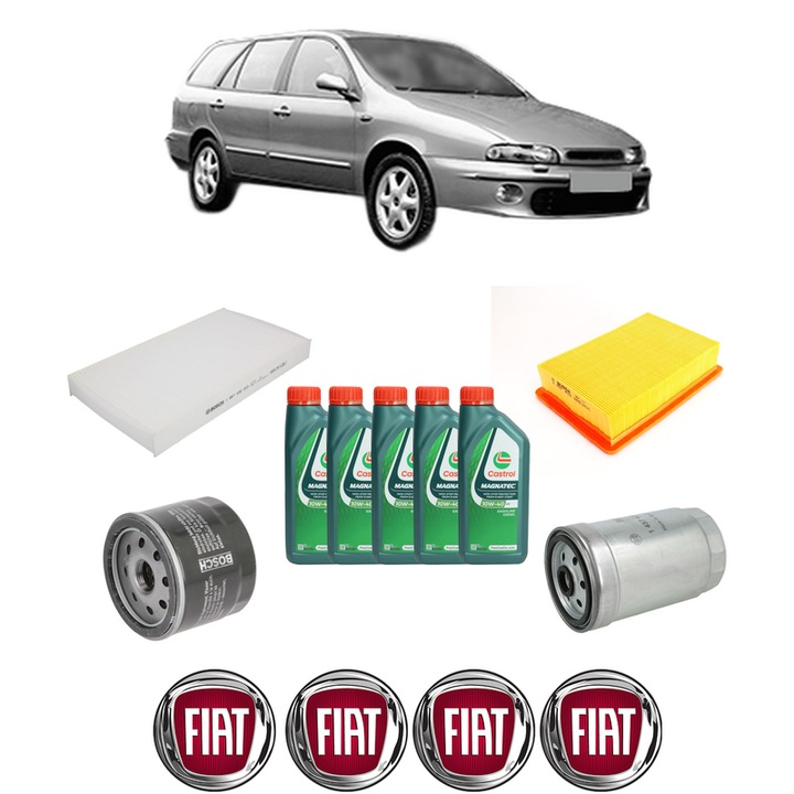 Pachet filtre revizie Bosch, 5 litrii ulei Castrol 10W40 FIAT MAREA Weekend (185_) 1.9 JTD 110 (185BXT1A) din 2000-2002, 4x Stickere auto cu FIAT