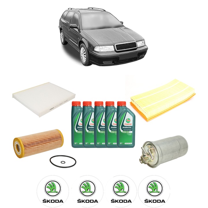 Pachet filtre revizie Bosch, 5 litri ulei Castrol 10W40 SKODA OCTAVIA I Estate Van (1U5) 1.9 D din 2000-2003, 4x Stickere auto cu SKODA
