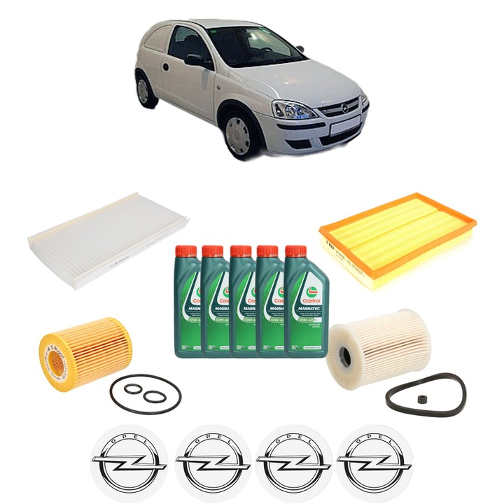 Pachet filtre revizie Bosch, 5 litrii ulei Castrol 10W40 OPEL CORSA C Hatchback Van (X01) 1.7 DTI 16V (F08, W5L) din 2000-2003, 4x Stickere auto cu OPEL